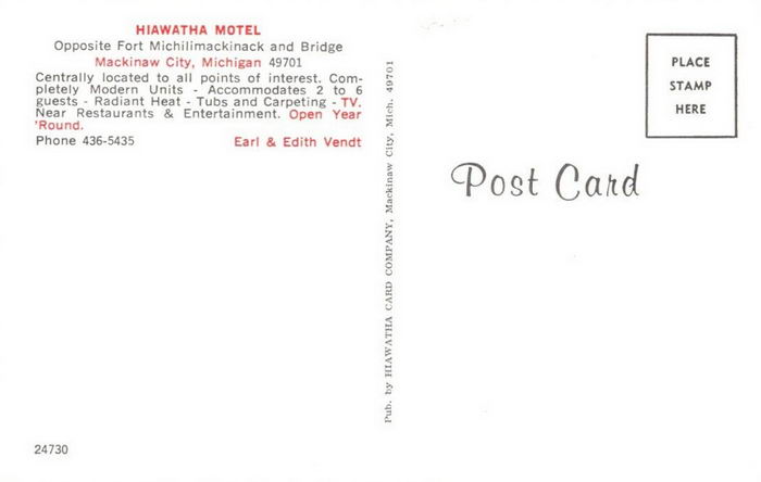 Hiawatha Motel (Quarterdeck Motel) - Old Postcard
